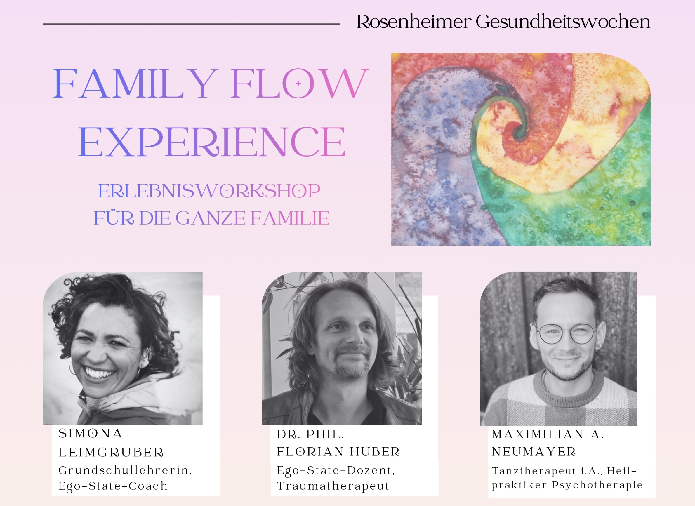Flyer Family Flow Experience – Erlebnisworkshop für die ganze Familie mit Simona Leimgruber, Dr. Florian Huber und Maximilian A. Neumayer