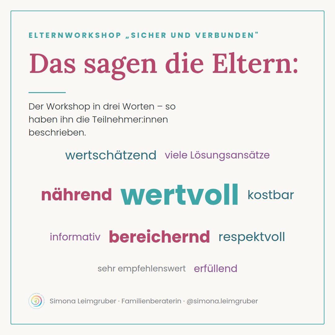 Wortwolke: Die Eltern beschreiben den Workshop als wertvoll, n&auml;hrend, bereichernd, wertsch&auml;tzend, kostbar, informativ, respektvoll, erf&uuml;llend