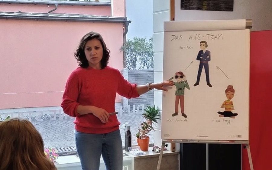 Simona Leimgruber erklärt bei einem Vortrag das ANS-Team am Flipchart